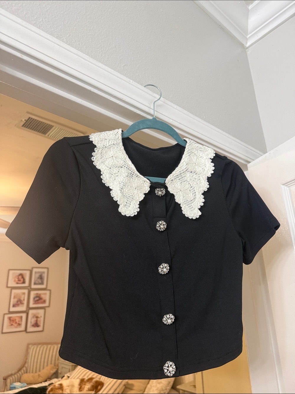 Cider Black Top with White Lace Collar and Pearl Buttons